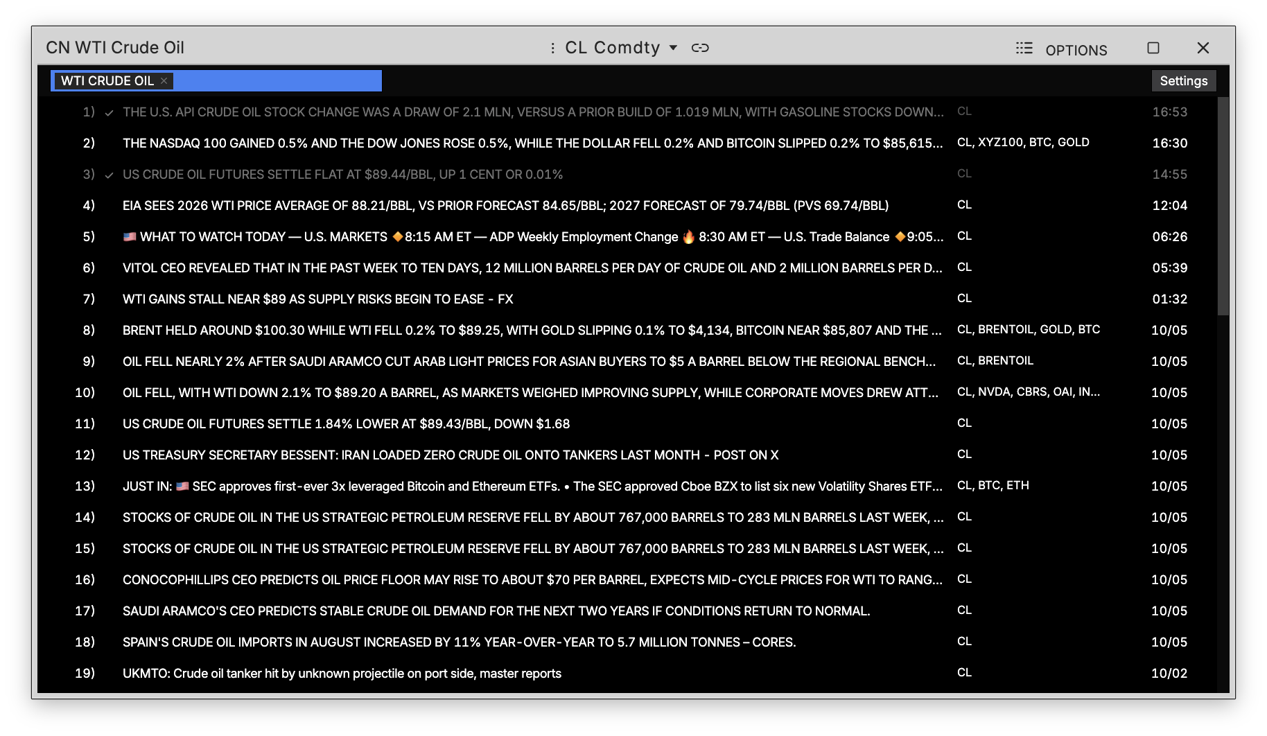 CN command showing headlines for one company with the tickers each story names