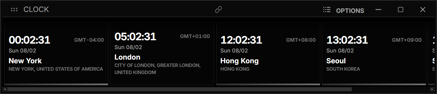 TIMEZONE command showing world clock cards