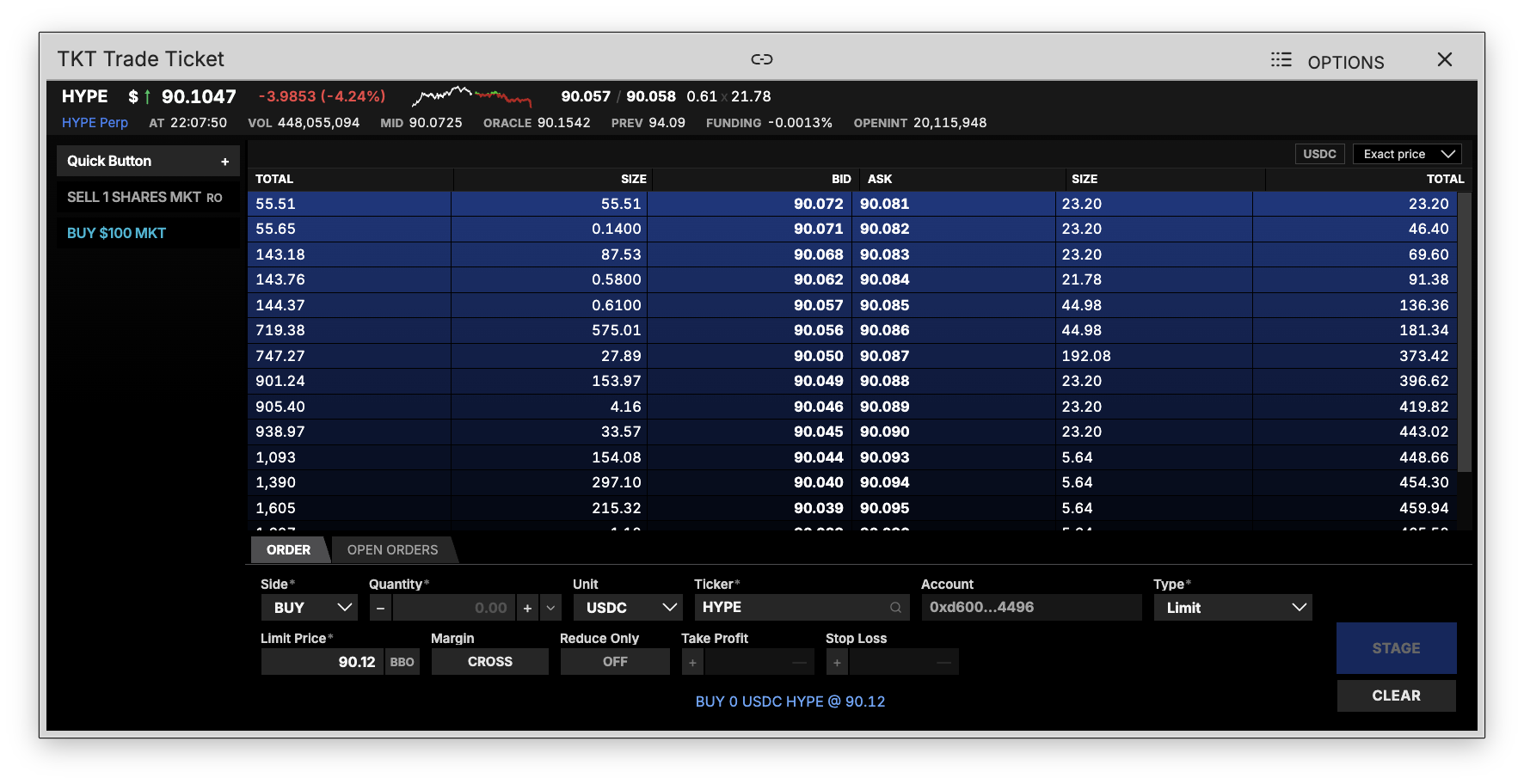 TKT command showing the quote header, the live book and the order form